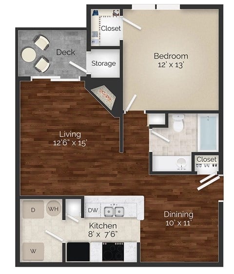 Floor plan for 1 bed, 1 bath, 777 sqft